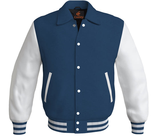 Letterman Varsity Classic Jacket Navy Blue Body and White Leather Sleeves