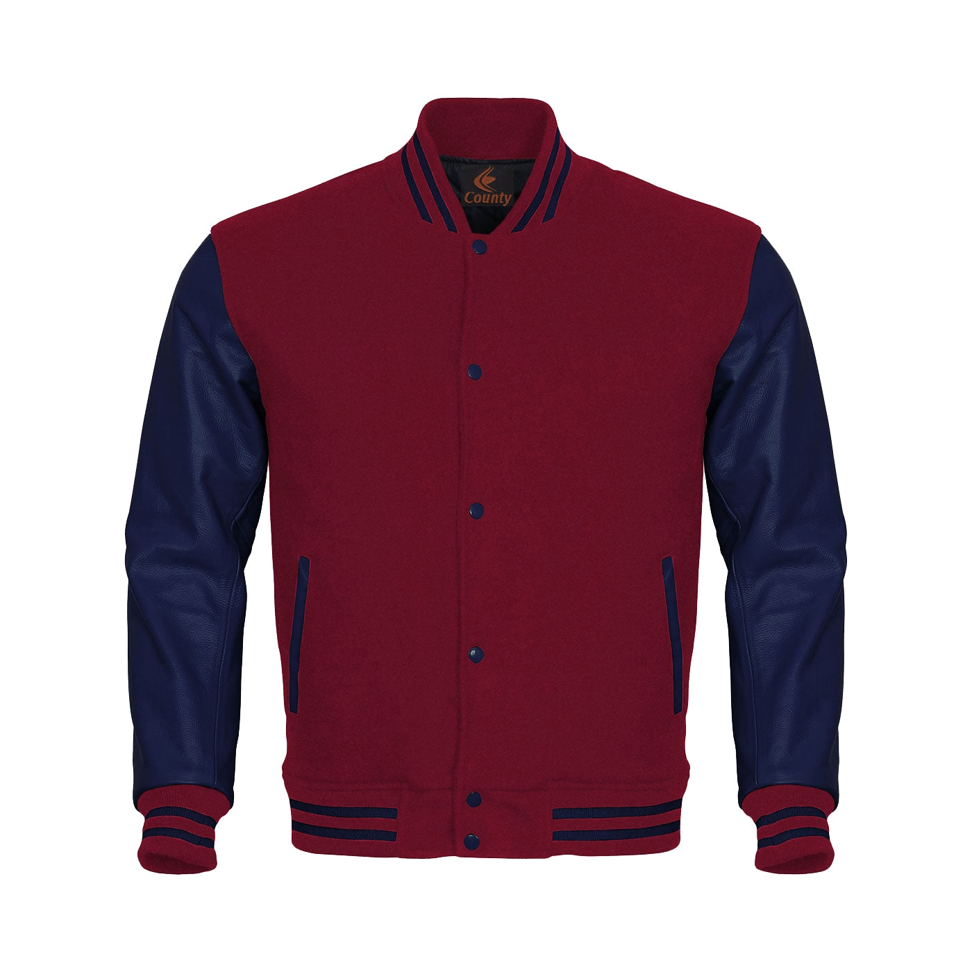 Custom Varsity Jackets Maroon Body and Navy Blue Leather Sleeves Varsity Jacket