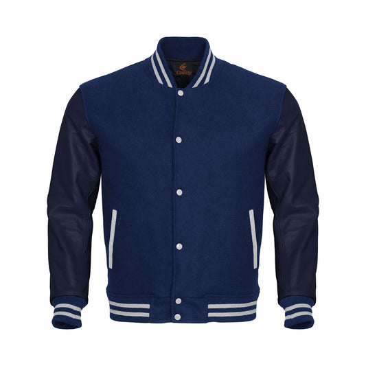 Luxury Navy Blue Body and Navy Blue Leather Sleeves Varsity College Jacket