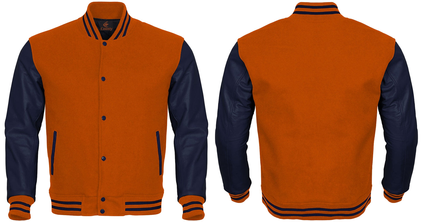 Varsity Jacket Women Orange Body and Navy Blue Leather Sleeves Varsity Jacket