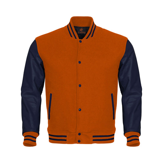 Luxury Orange Body and Navy Blue Leather Sleeves Varsity College Jacket