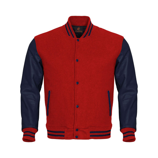 Luxury Red Body and Navy Blue Leather Sleeves Varsity College Jacket