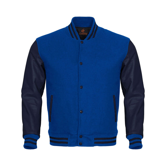 Luxury Blue Body and Navy Blue Leather Sleeves Varsity College Jacket