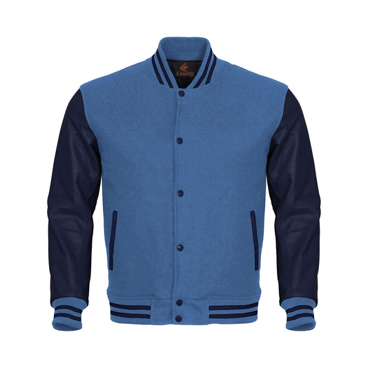 Luxury Sky Blue Body and Navy Blue Leather Sleeves Varsity College Jacket