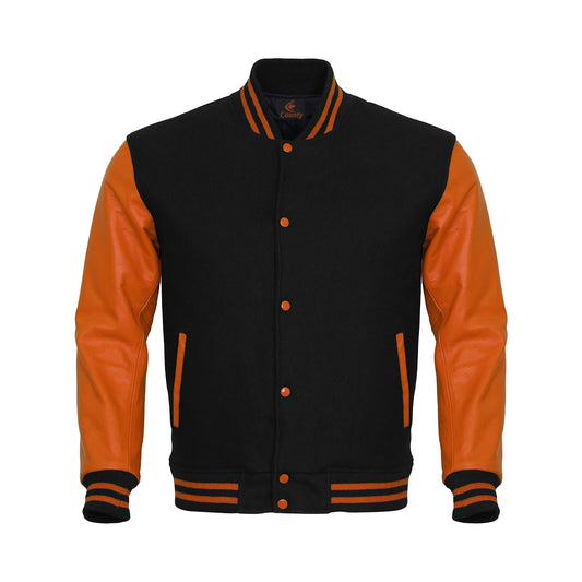 Luxury Black Body and Orange Leather Sleeves Varsity College Jacket