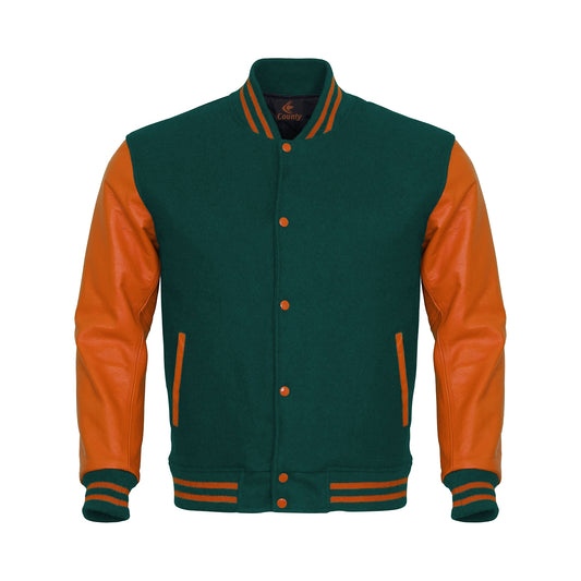 Luxury Green Body and Orange Leather Sleeves Varsity College Jacket