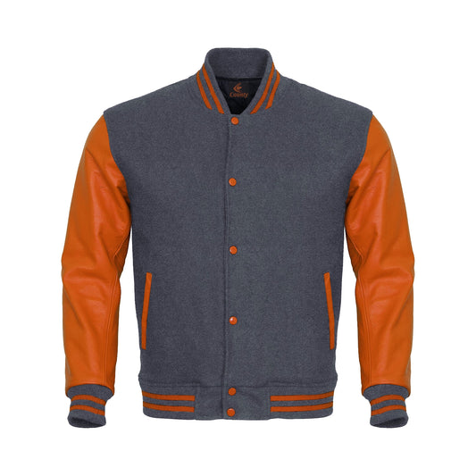 Luxury Gray Body and Orange Leather Sleeves Varsity College Jacket