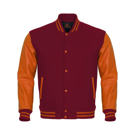 Luxury Maroon Body and Orange Leather Sleeves Varsity College Jacket