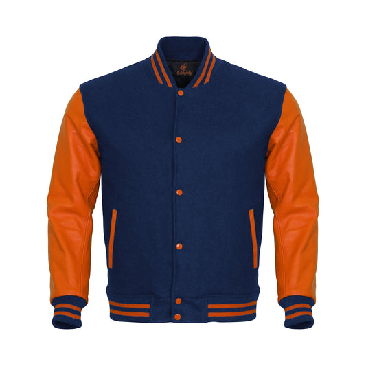 Luxury Navy Blue Body and Orange Leather Sleeves Varsity College Jacket