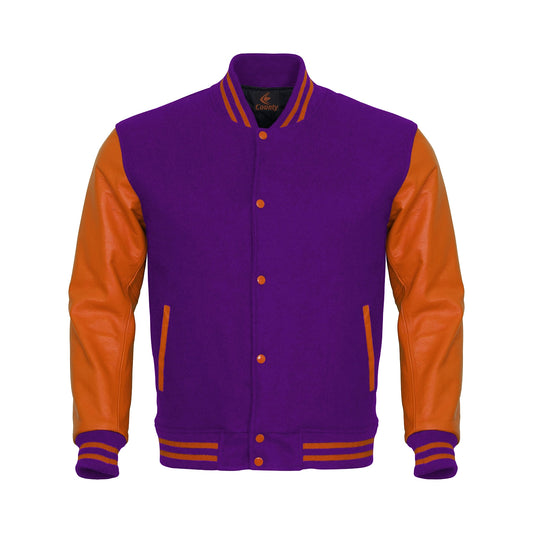 Luxury Purple Body and Orange Leather Sleeves Varsity College Jacket