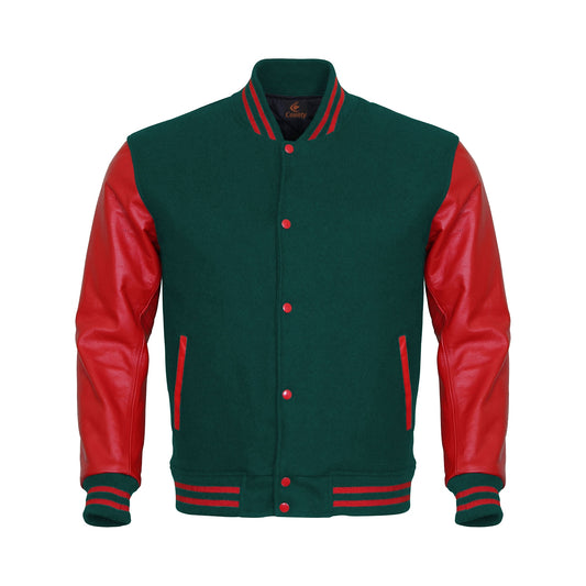 Luxury Green Body and Red Leather Sleeves Varsity College Jacket