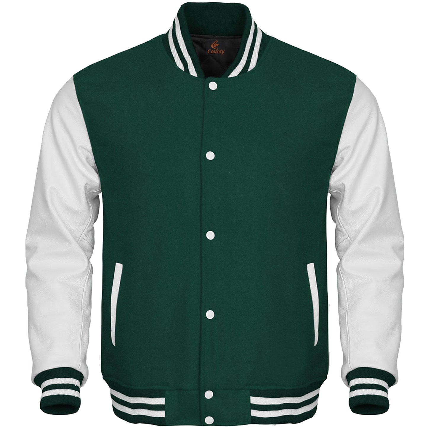 Varsity Jacket Mens Green Body and White Leather Sleeves Varsity Jacket