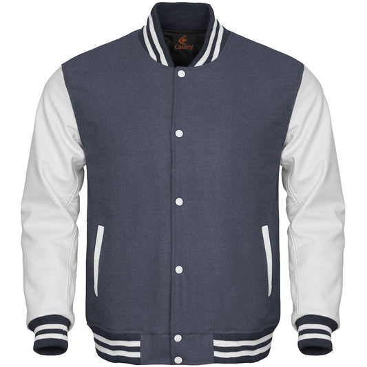 Luxury Gray Body and White Leather Sleeves Varsity College Jacket