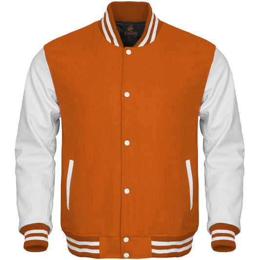 Luxury Orange Body and White Leather Sleeves Varsity College Jacket