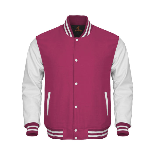 Luxury Hot Pink Body and White Leather Sleeves Varsity College Jacket