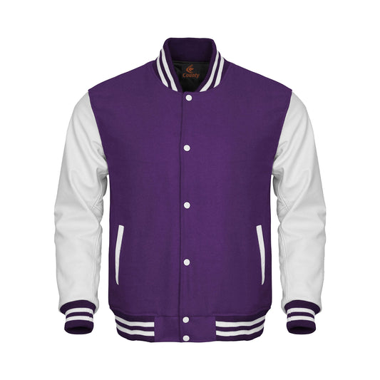 Luxury Purple Body and White Leather Sleeves Varsity College Jacket