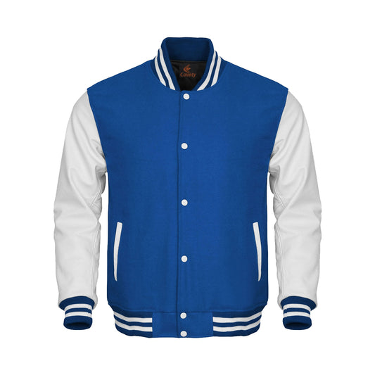Luxury Blue Body and White Leather Sleeves Varsity College Jacket