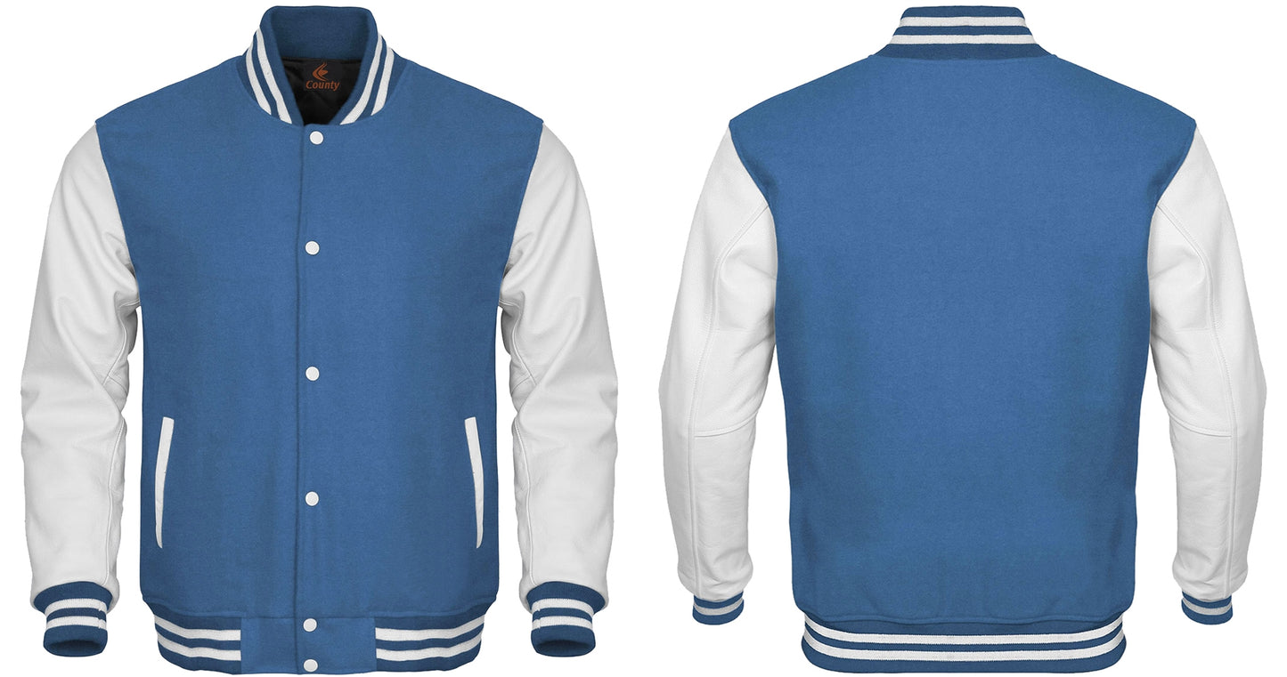 Sky Blue Body and White Leather Sleeves Varsity College Jacket