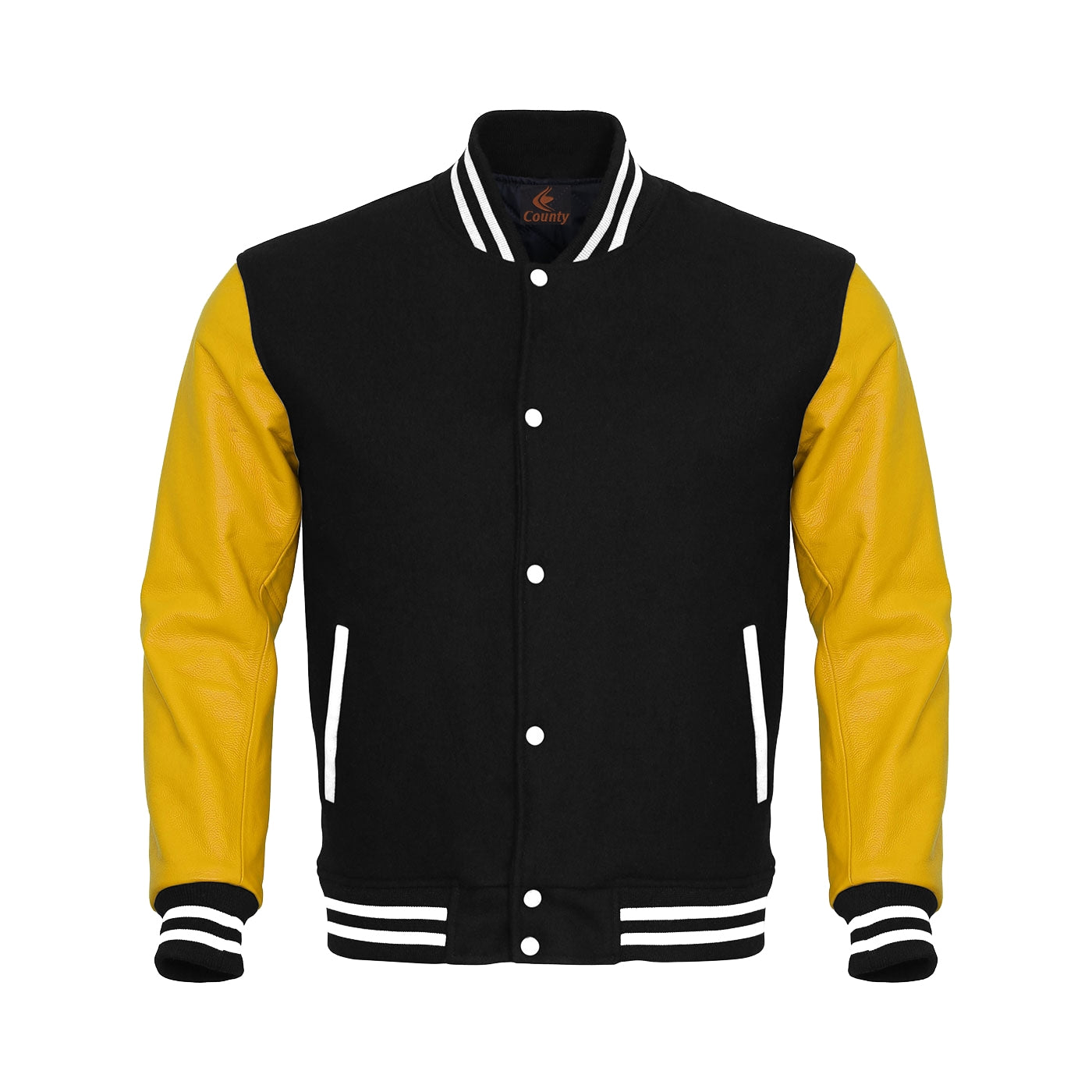 Luxury Black Body and Yellow Leather Sleeves Varsity College Jacket