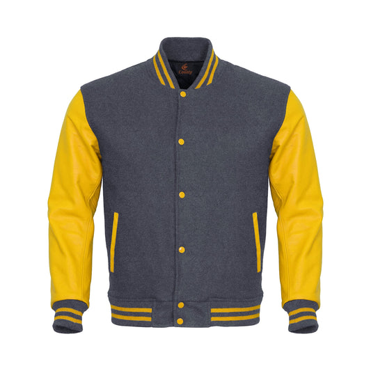 Luxury Gray Body and Yellow Leather Sleeves Varsity College Jacket