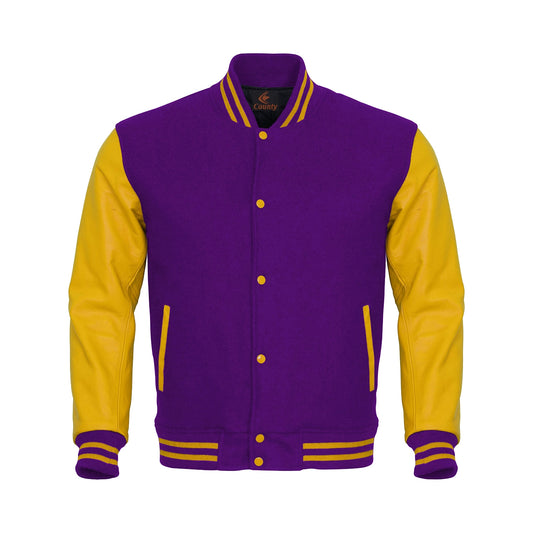 Luxury Purple Body and Yellow Leather Sleeves Varsity College Jacket