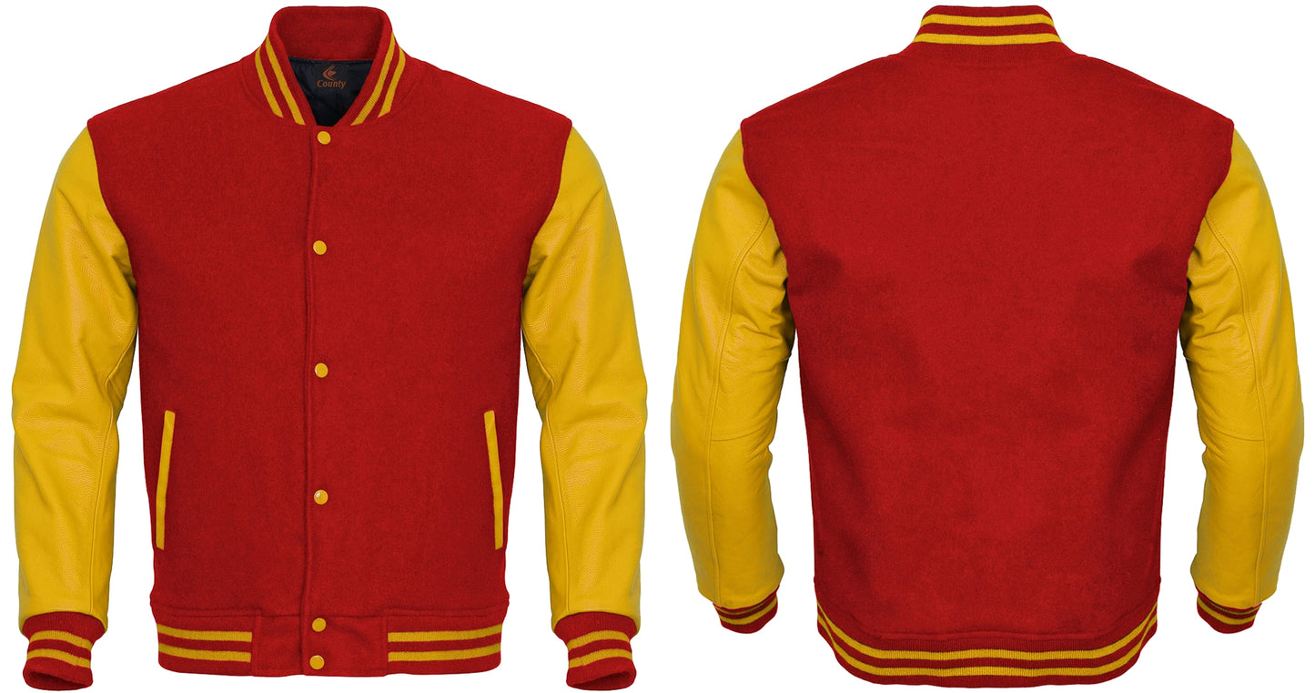 Red Body and Yellow Leather Sleeves Varsity College Jacket
