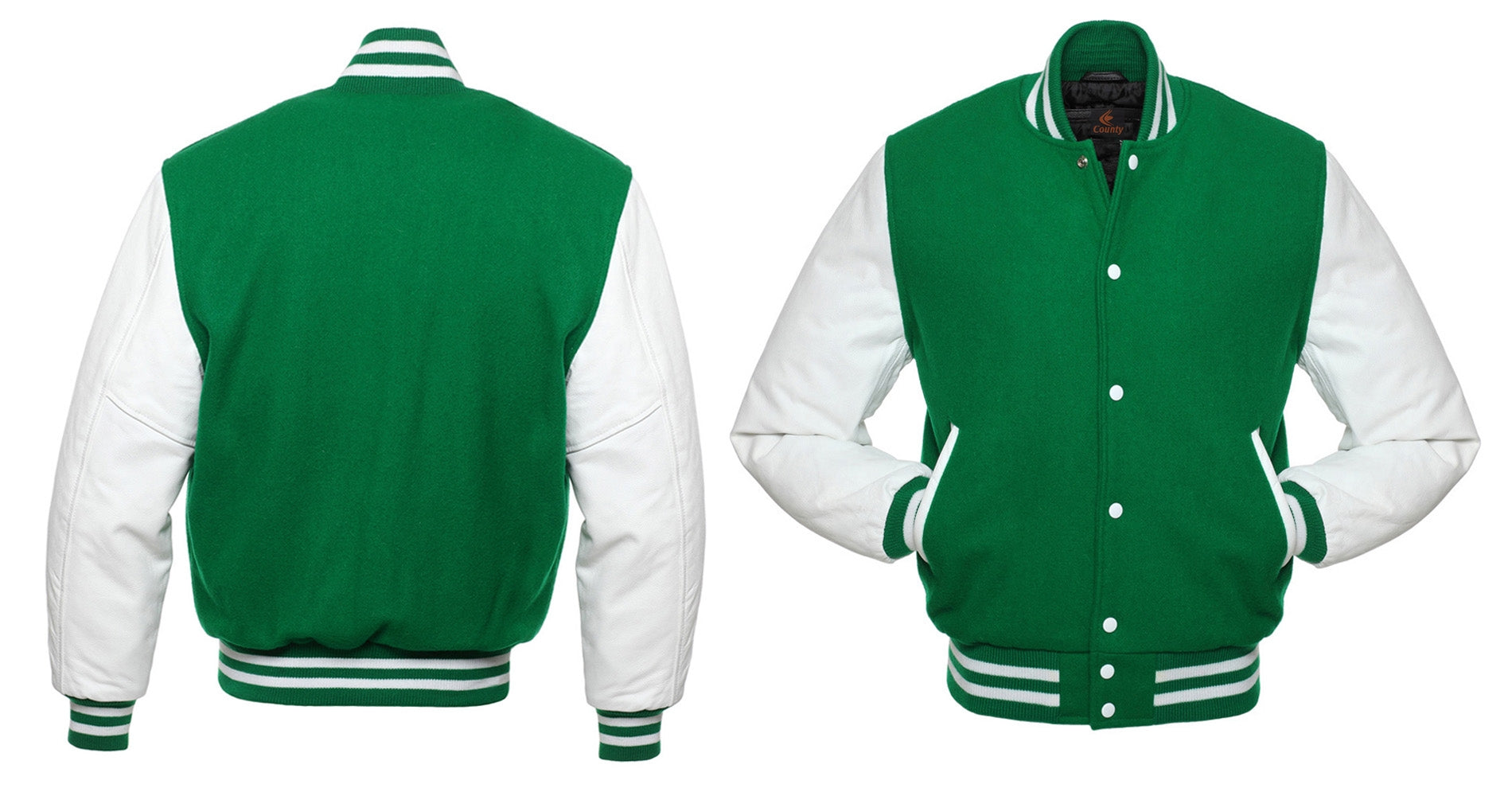Luxury Green Body and White Leather Sleeves Varsity College 