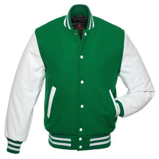 Luxury Green Body and White Leather Sleeves Varsity College Jacket