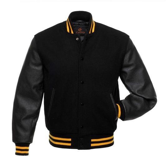 Luxury Black Body and Black Leather Sleeves Varsity College Jacket