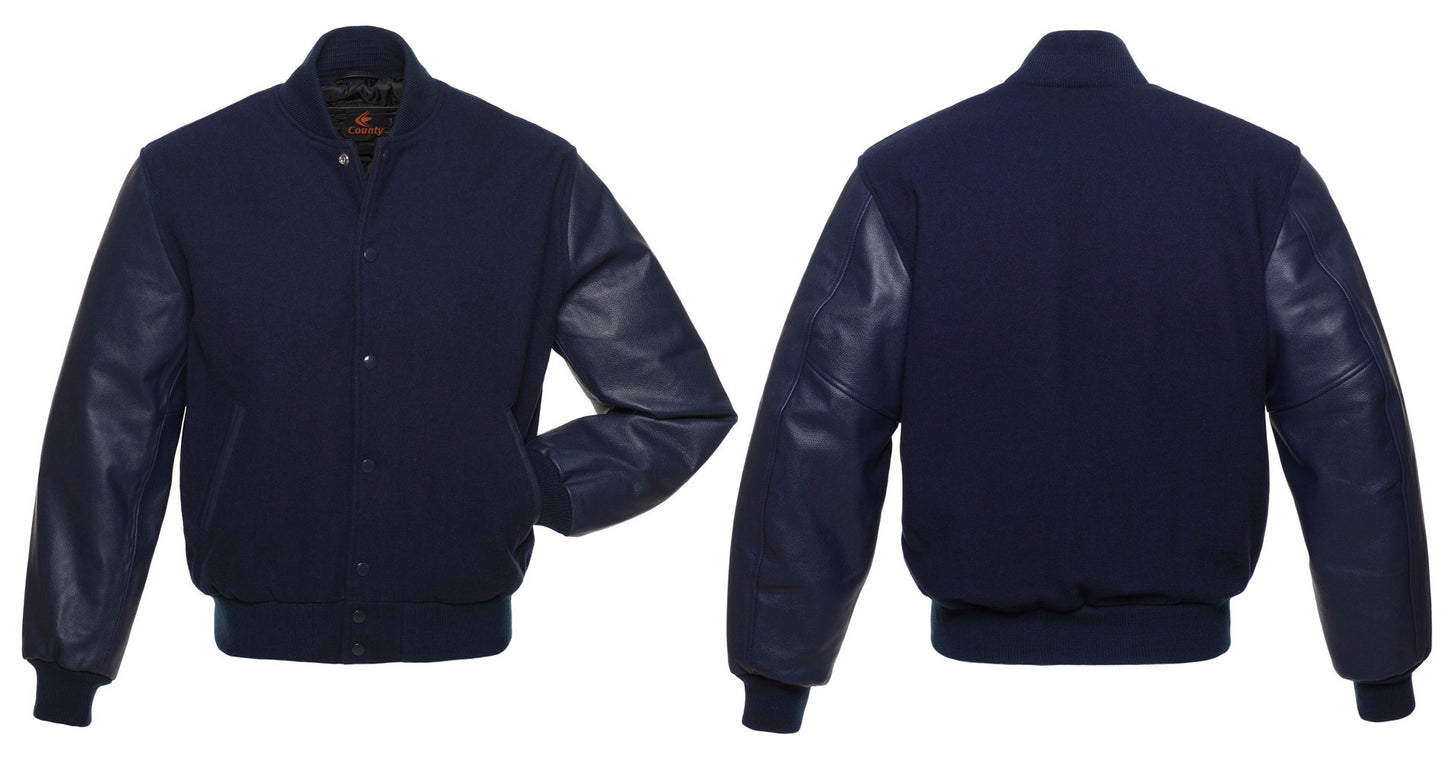 Mens Letterman Jacket Navy Blue Body and Navy Blue Leather Sleeves Varsity Jacket