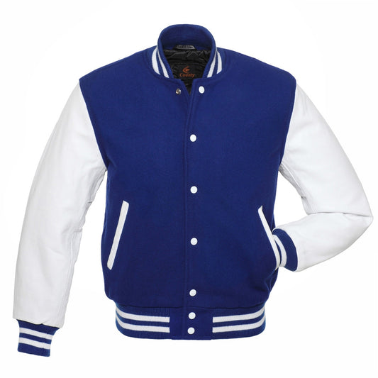 Luxury Blue Body and White Leather Sleeves Varsity College Jacket