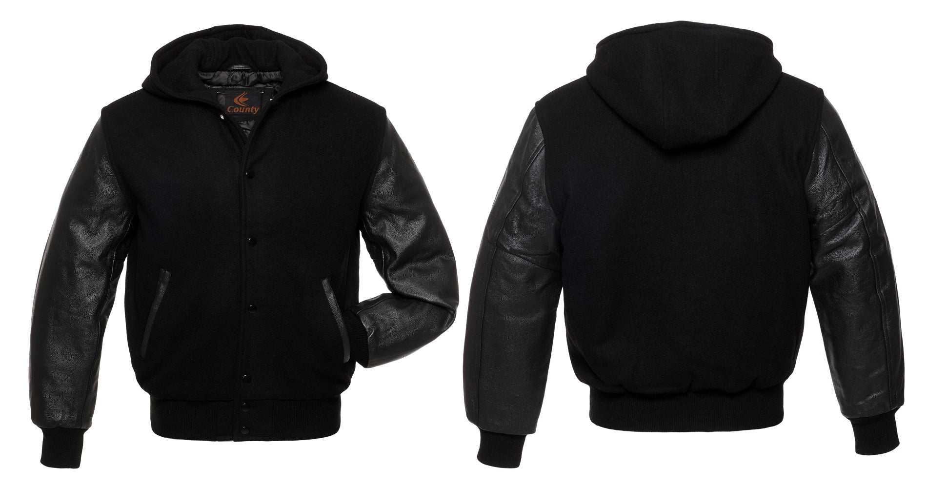 Bomber Varsity Jacket: Black body, black leather sleeves. Perfect blend of sporty and edgy style.