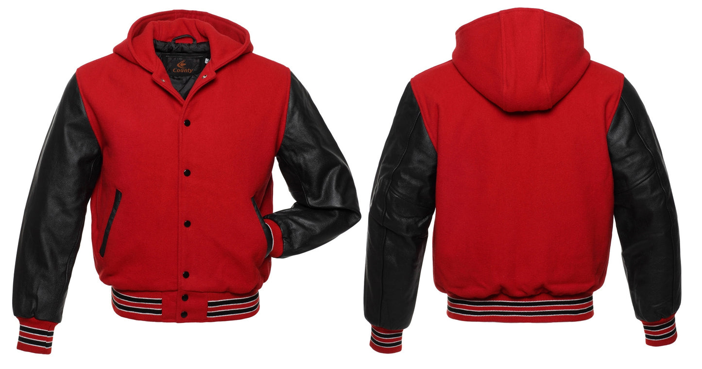 Bomber Varsity Jacket: Red body, black leather sleeves. Perfect blend of sporty and stylish design.