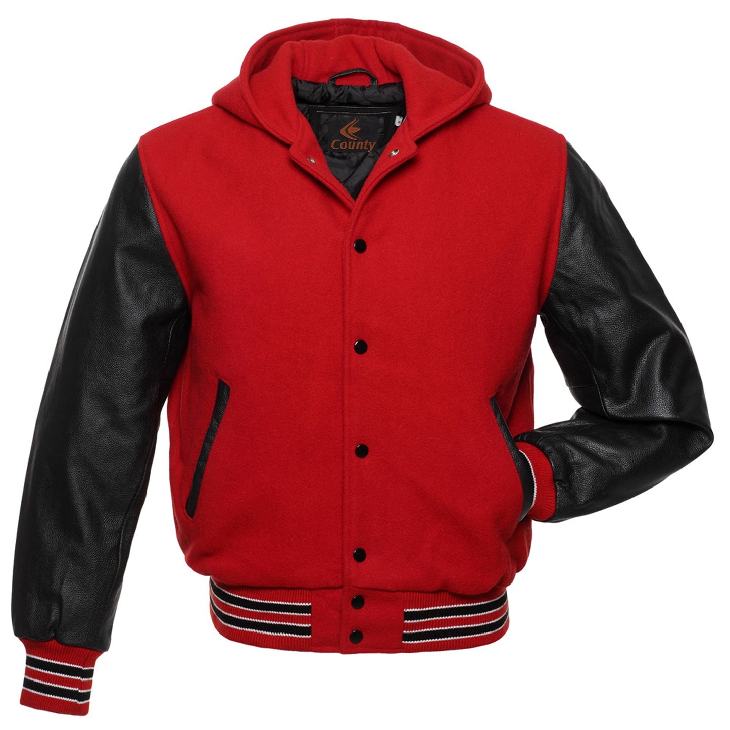Bomber Varsity Letterman Baseball Hoodie Jacket Red Body Black Leather Sleeves