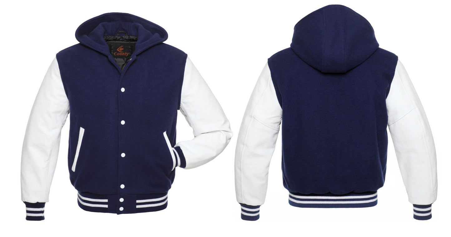 Varsity Letterman Baseball Hoodie Jacket Royal Blue Body White Leather