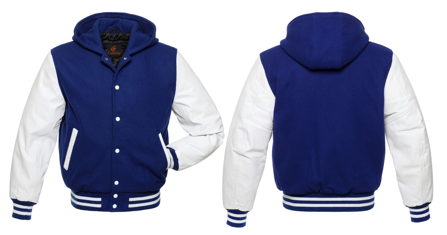 Varsity Letterman Baseball Hoodie Jacket Royal Blue Body White Leather