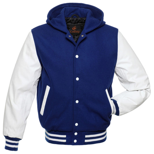 Varsity Letterman Baseball Hoodie Jacket Royal Blue Body White Leather Sleeves