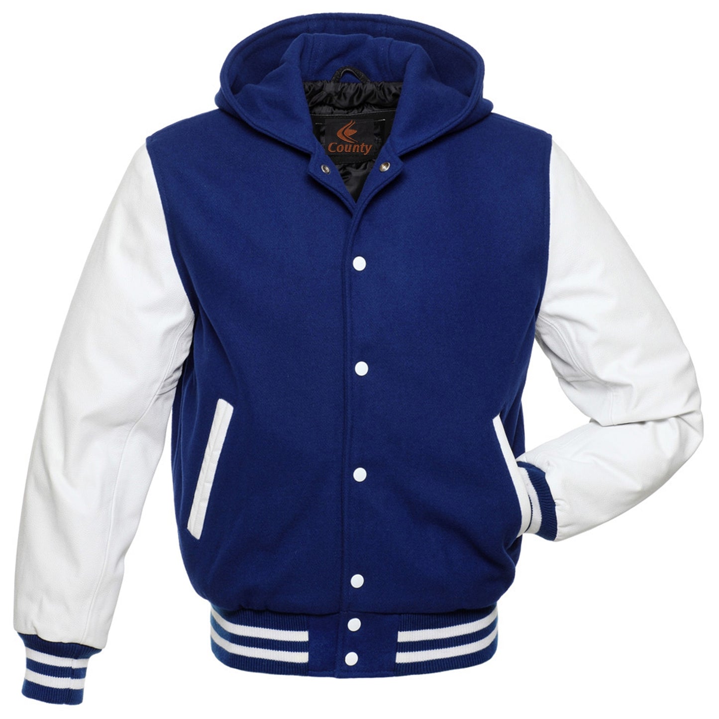 Varsity Letterman Baseball Hoodie Jacket Royal Blue Body White Leather Sleeves