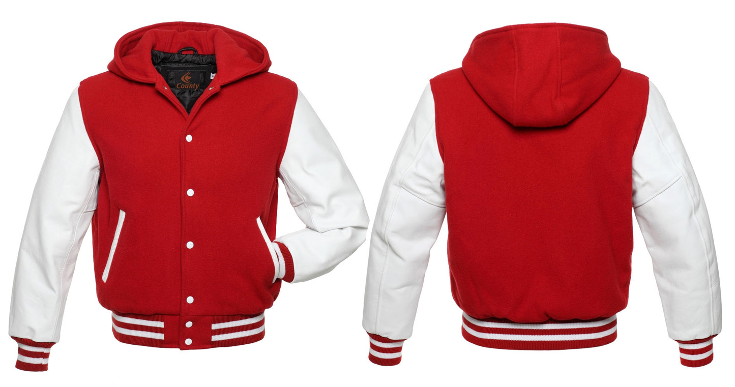 Bomber Varsity Jacket: Red body, white leather sleeves. Perfect for a sporty and stylish look.