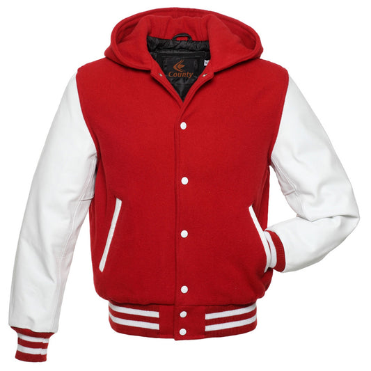 Bomber Varsity Letterman Baseball Hoodie Jacket Red Body White Leather Sleeves