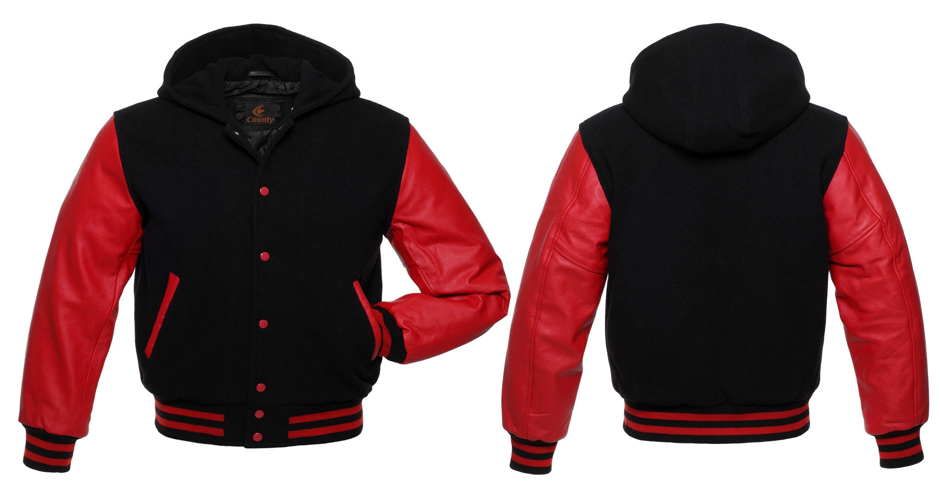 Bomber Varsity Jacket: Black body, red leather sleeves. Perfect blend of sporty and stylish design.