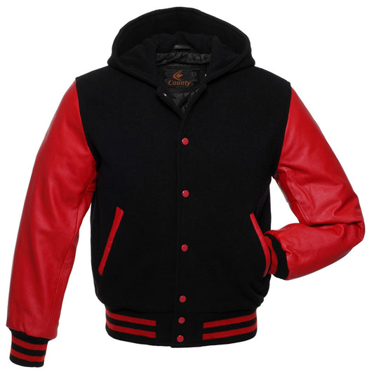 Bomber Varsity Letterman Baseball Hoodie Jacket Black Body Red Leather Sleeves
