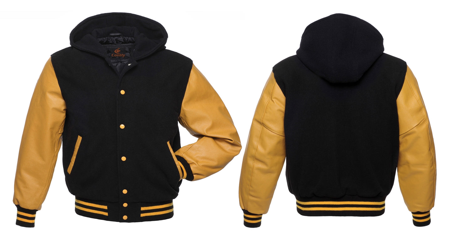 Black bomber varsity jacket with gold leather sleeves.