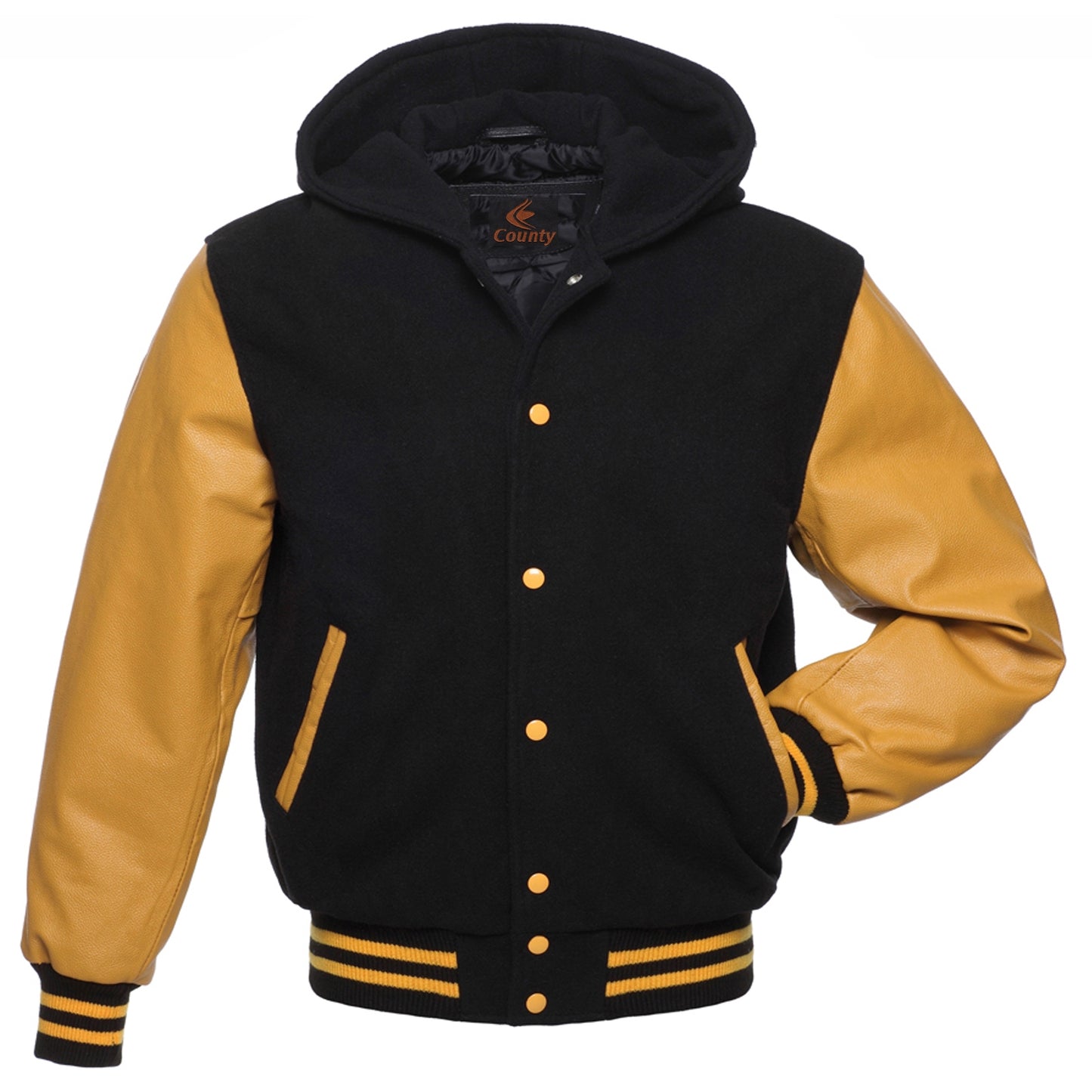 Bomber Varsity Letterman Baseball Hoodie Jacket Black Body Gold Leather Sleeves
