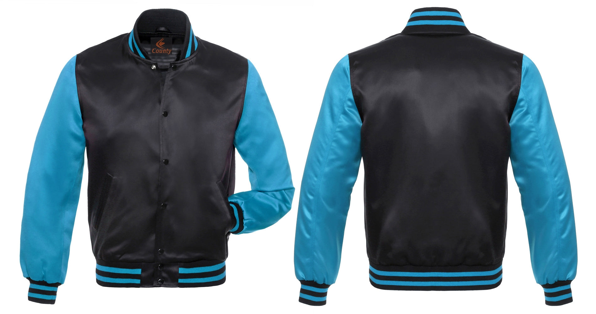 Baseball college varsity bomber jacket in black and turquoise satin, perfect for sports wear.