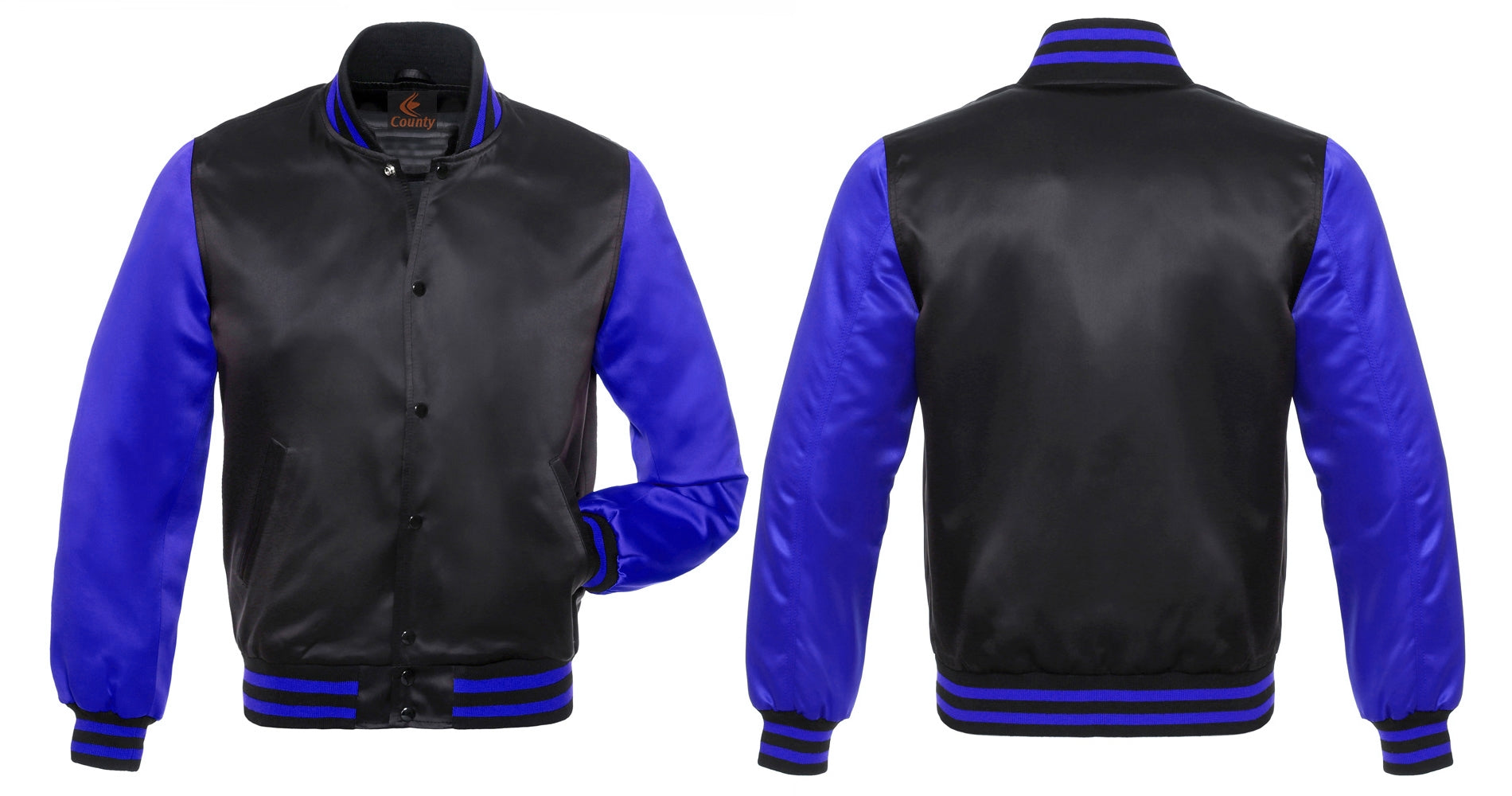 Baseball College Varsity Bomber Super Jacket: Black Royal Blue Satin.