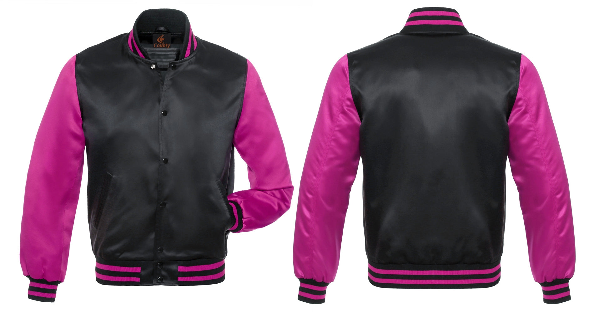 Baseball College Varsity Bomber Super Jacket: Black Hot Pink Satin. Perfect sports wear.