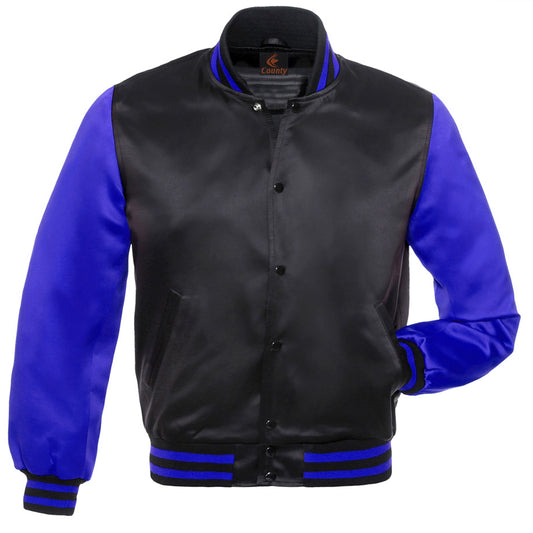 Baseball College Varsity Bomber Super Jacket Sports Wear Black Royal Blue Satin