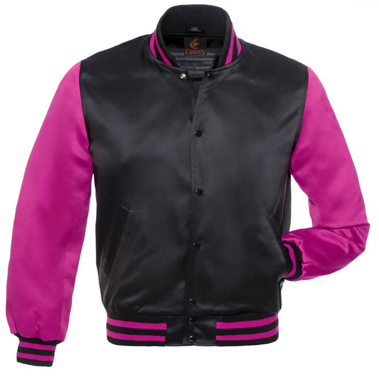 Baseball College Varsity Bomber Super Jacket Sports Wear Black Hot Pink Satin