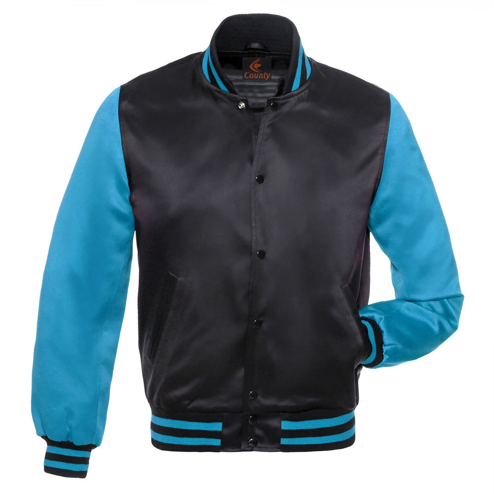 Baseball College Varsity Bomber Super Jacket Sports Wear Black Turquoise Satin